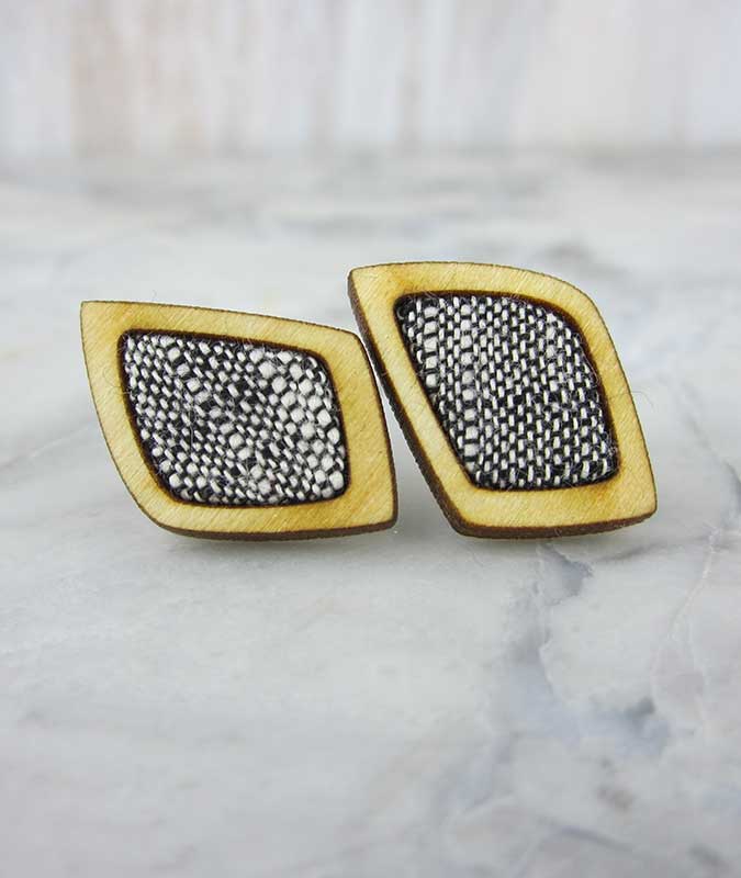 Denim Diamond Wood Stud Earrings in a black and white pattern.
