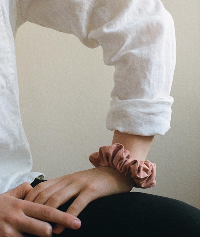 Photo of the Dusty Rose Scrunchie on a woman's wrist